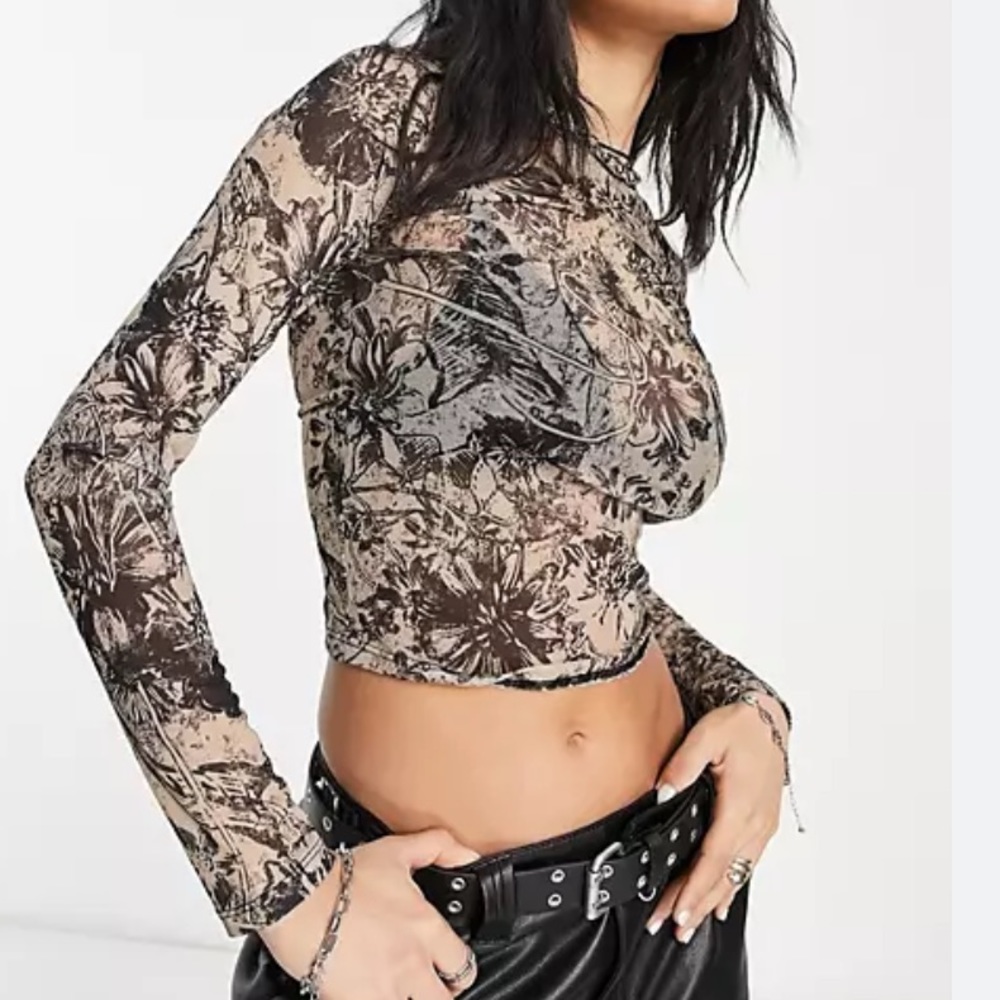 Bershka Floral Long Sleeve Top - Black and Cream